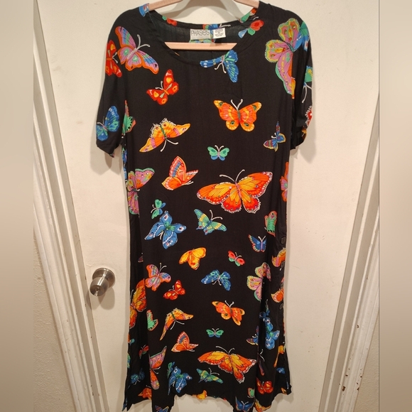Phases Women's Sequin Embellished Butterfly Print Mumu House Dress Sz M Vacation - Picture 1 of 8